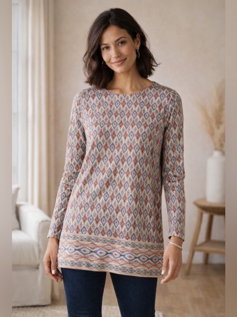 J. Jill Luxe Supima Forward Seam Tunic Top 
Ikat Print Boho Size MP Soft Stretch